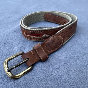 Zeppelin Leather Canvas Embroidered Fish Belt Size 38 Fish Brass Buckle Made USA